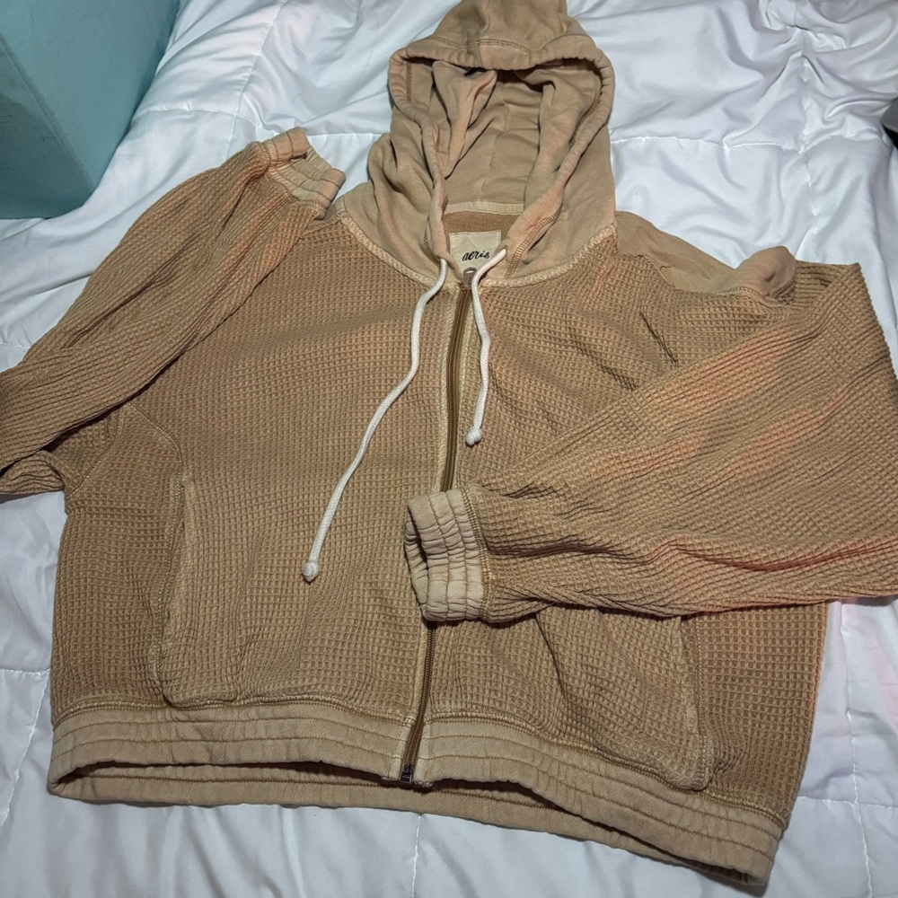 Arie Cropped Waffle Knit Beach Dune, Hoodie Size Large